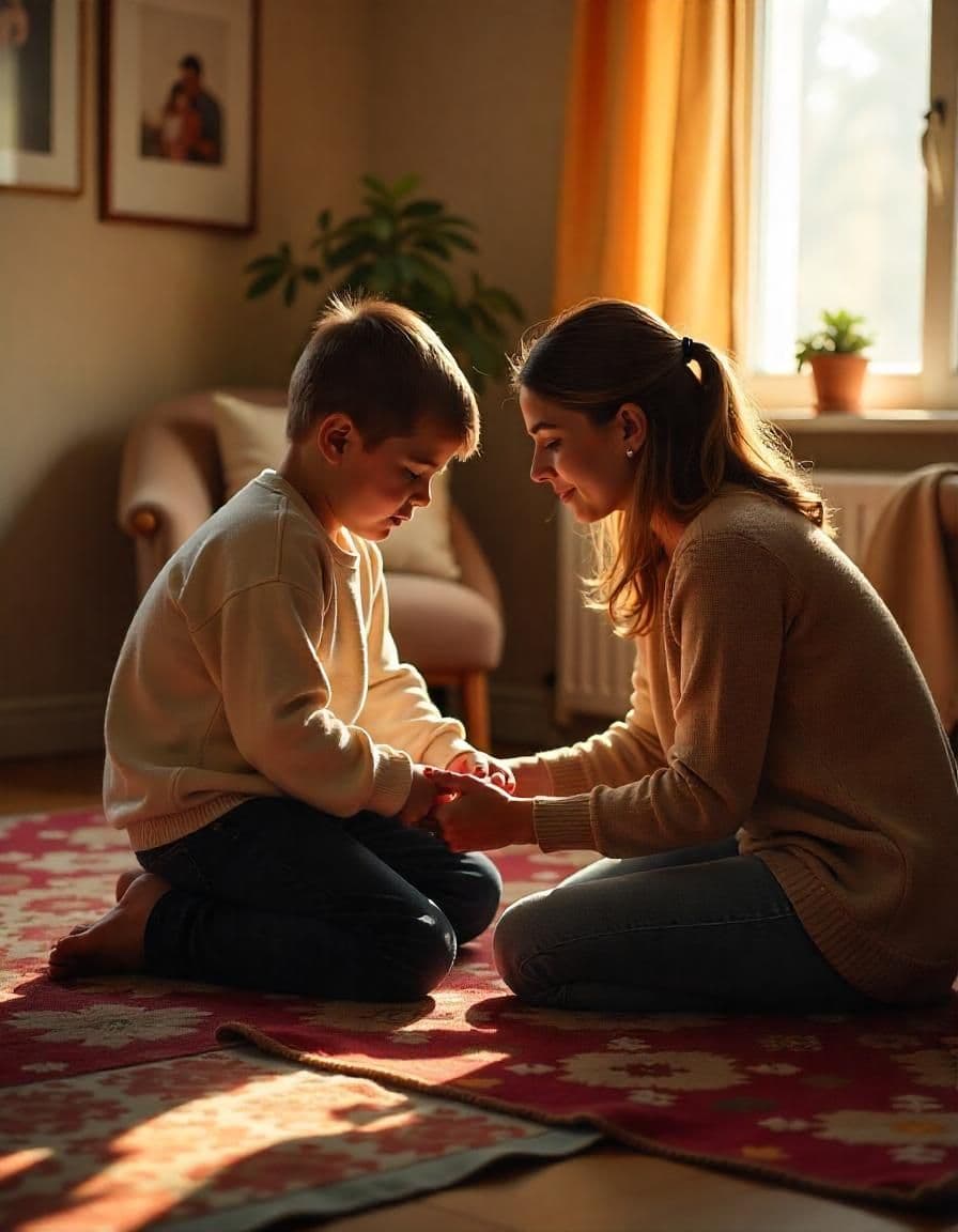 Madre e hijo conectando en el piso con luz cálida